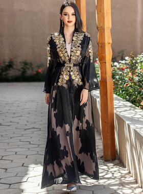 sexy dress黑金蕾丝刺绣两件套带腰带长袍仙女women robe dress