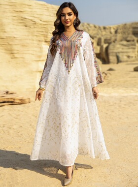 long dress中东沙特阿拉伯网纱刺绣长袍连衣裙女Women Robe2026