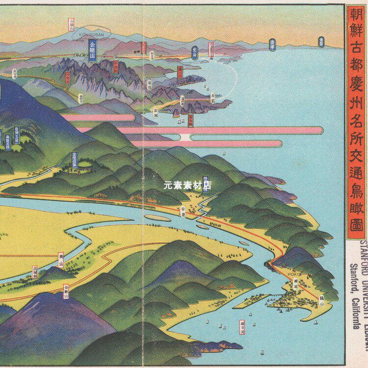 朝鲜古都庆州名所交通鸟瞰图30年代日绘电子版老地图素材jpg格式