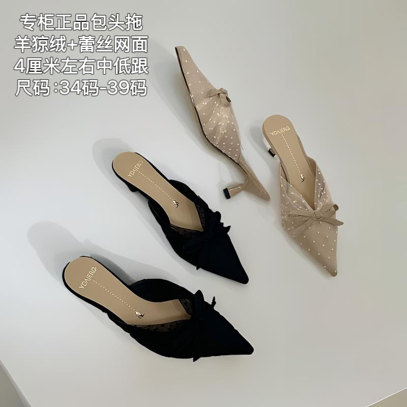 专柜正品新款时尚百搭细跟高跟蝴蝶结蕾丝包头后空凉鞋女26S2162