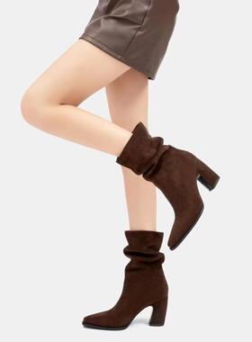 专柜正品26D966秋冬新款高跟短靴女粗跟绒面瘦瘦靴中筒堆堆靴女