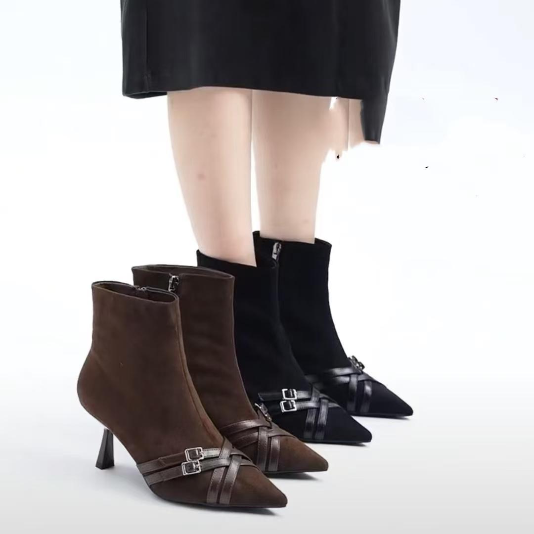 26W706羊京皮细跟侧拉链尖头女靴