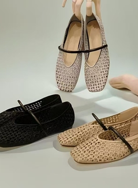 复古编织罗马小方头浅口一字带镂空法式春夏新款通勤平底鞋67111