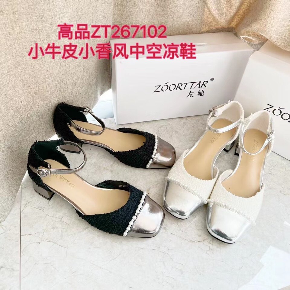 朱朱家2023春夏新款高品质头层牛皮小香风圆头矮跟淑女凉鞋267102