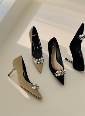 一代佳人法式小香风珍珠水钻尖头细跟浅口单鞋女百搭女鞋26C1710