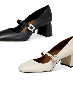 商场品质羊皮方头一字扣带玛丽珍鞋6 cm舒适方跟气质高跟鞋63367