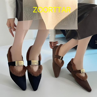 专柜正品法式晚风单鞋绒面毛绒小皮鞋平地毛毛鞋女秋冬加绒