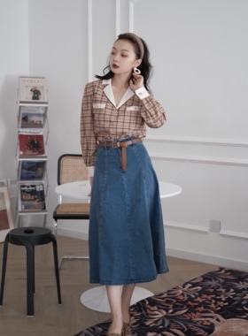 2021年秋季牛仔裙复古法式高腰褶皱牛仔中长伞裙显高显瘦通勤