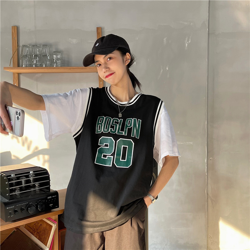 實拍藍球服寬鬆風韓版夏季中長款短袖恤假兩件上衣