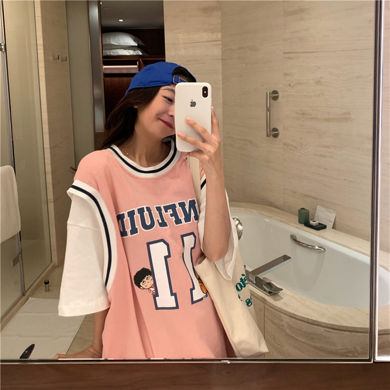 實拍假兩件運動籃球衣t恤短袖女寬鬆韓版bf風學生上衣服ins潮