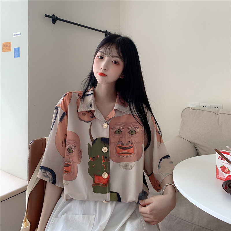 實拍   小眾印花襯衫港風復古寬鬆設計感上衣學生短袖襯衣