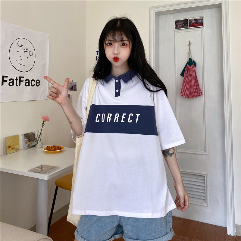 Real shot new splicing short sleeve T-shirt women's Polo neck personalized loose half sleeve top