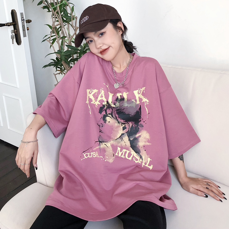 Real T-shirt women's summer Harajuku style loose print Korean medium long short sleeve top