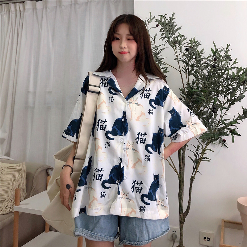 Real photo 2020 spring dress Korean women's cat Print Shirt loose and versatile top fashion