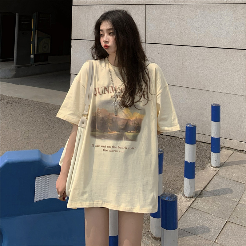 實拍 韓版港風復古印花寬鬆短袖T恤女