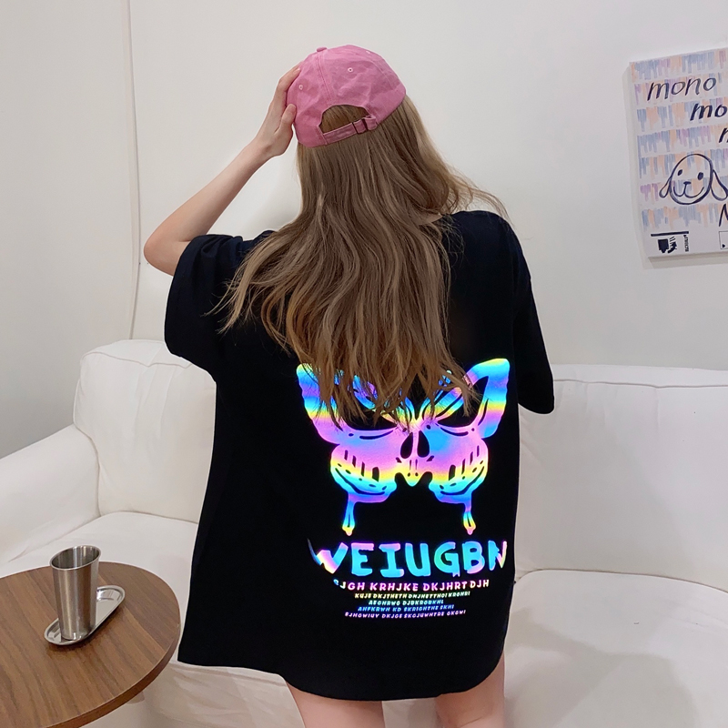 Photo reflective butterfly laser printed short sleeve T-shirt for women