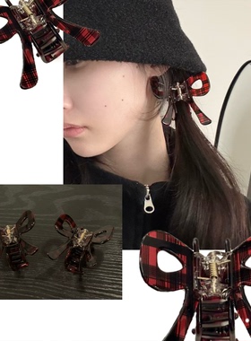 蝴蝶结 红格子发夹女后脑勺盘发抓夹鲨鱼夹子头饰