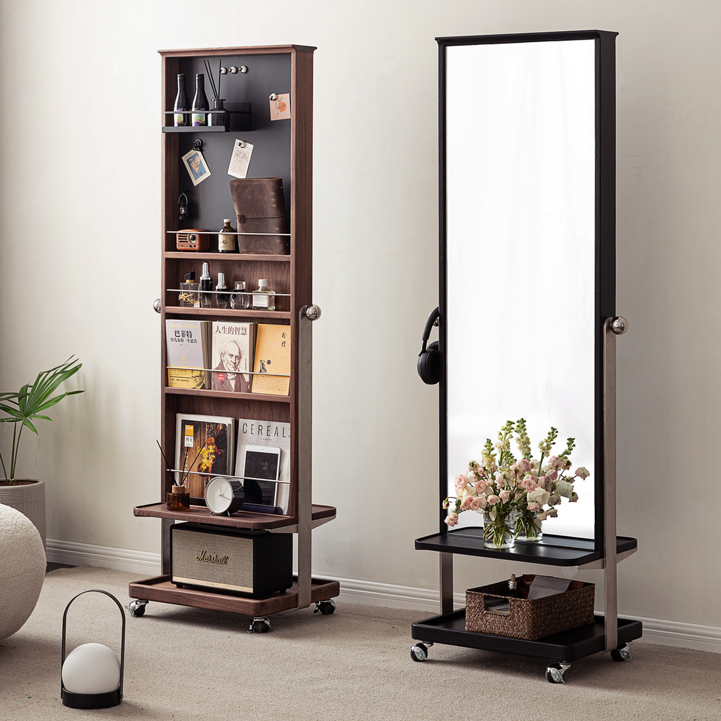 黑胡桃木可移动卧室全身镜试衣镜家用收纳杂志架实木穿衣镜落地镜