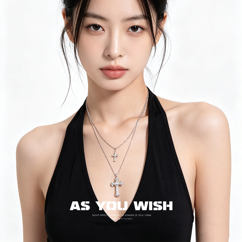 ASYOUWISH 甜酷个性双层叠戴锆石十字架项链高级简约可分开锁骨链