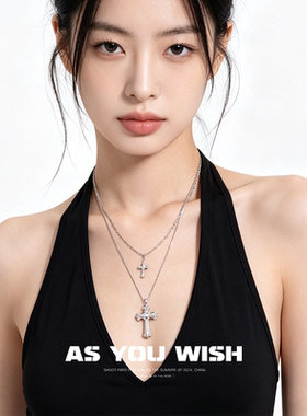 ASYOUWISH 甜酷个性双层叠戴锆石十字架项链高级简约可分开锁骨链
