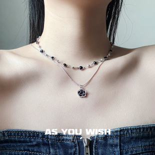 ASYOUWISH 轻奢百搭黑色山茶花吊坠双层叠戴项链简约辣妹锁骨链女
