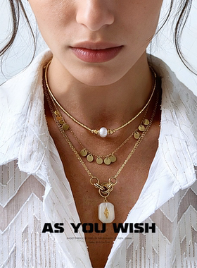 时尚个性珍珠圆片钛钢项链