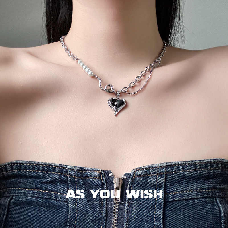 天然珍珠黑色水滴爱心项链