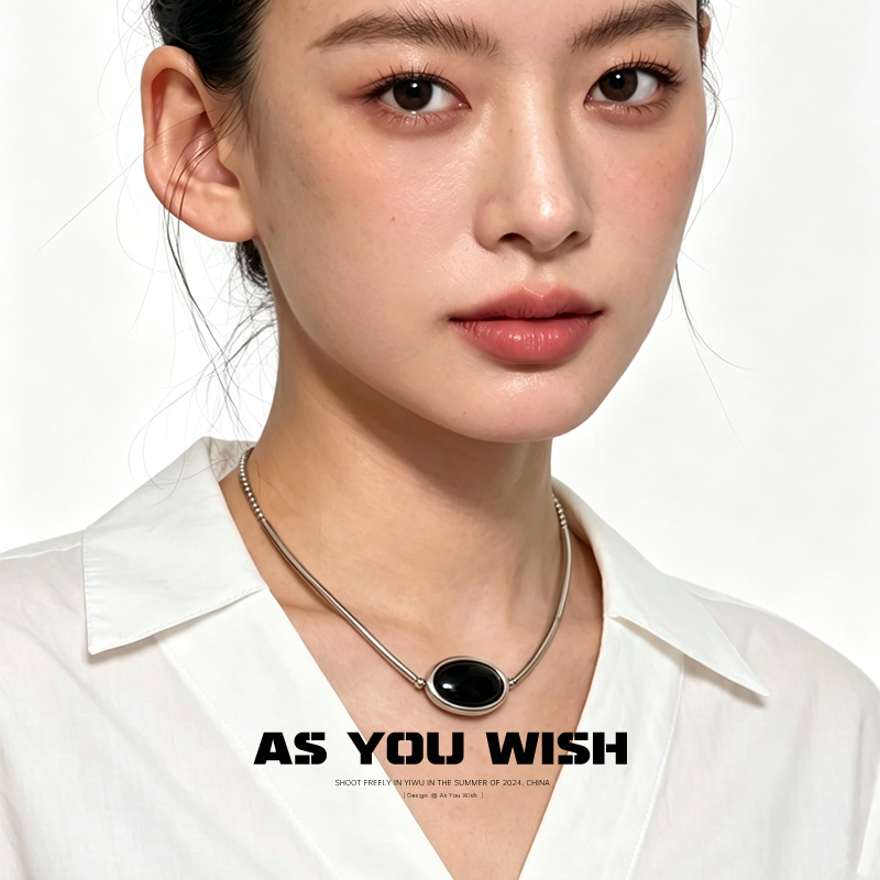 ASYOUWISH 轻奢简约椭圆形黑石吊坠项链时尚小众设计感级感锁骨链