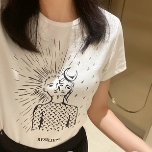 高品质Marine月牙女神星象印花收腰T恤女塔罗牌棉质短袖上衣夏季