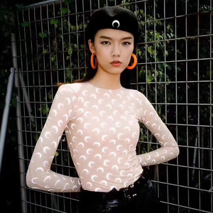 Kendall同款3M夜间反光超弹修身长袖T女Marine月牙印花情侣打底衫
