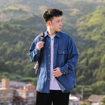 日系双口袋牛仔衬衣男