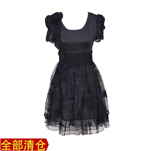 品牌折扣撤柜真丝连衣裙短袖欧根纱公主裙淑女气质短裙立体花