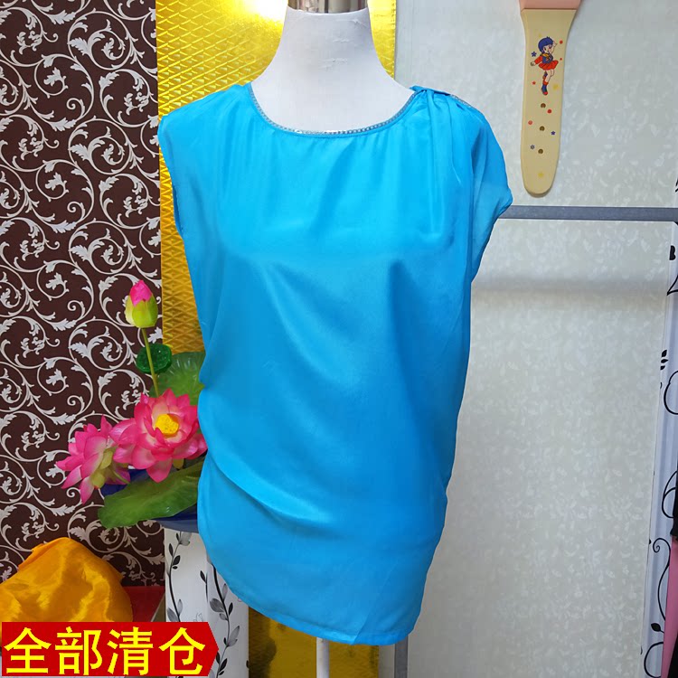 品牌折扣撤柜夏季女雪纺衫中长款小衫圆领套头不对称上衣露肩