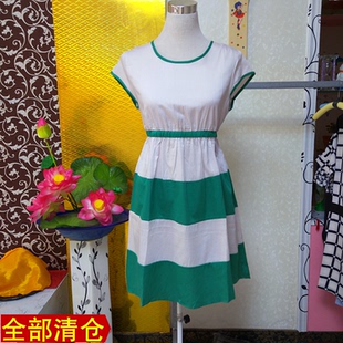 品牌折扣撤柜夏季短袖连衣裙纯棉松紧腰拼色学生中裙圆领套头