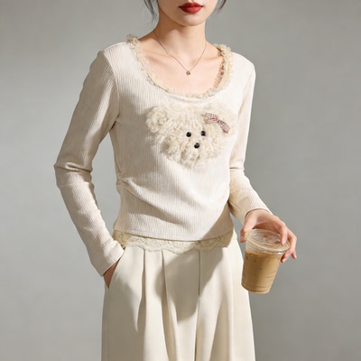 甜辣蕾丝拼接毛绒小狗长袖T恤女