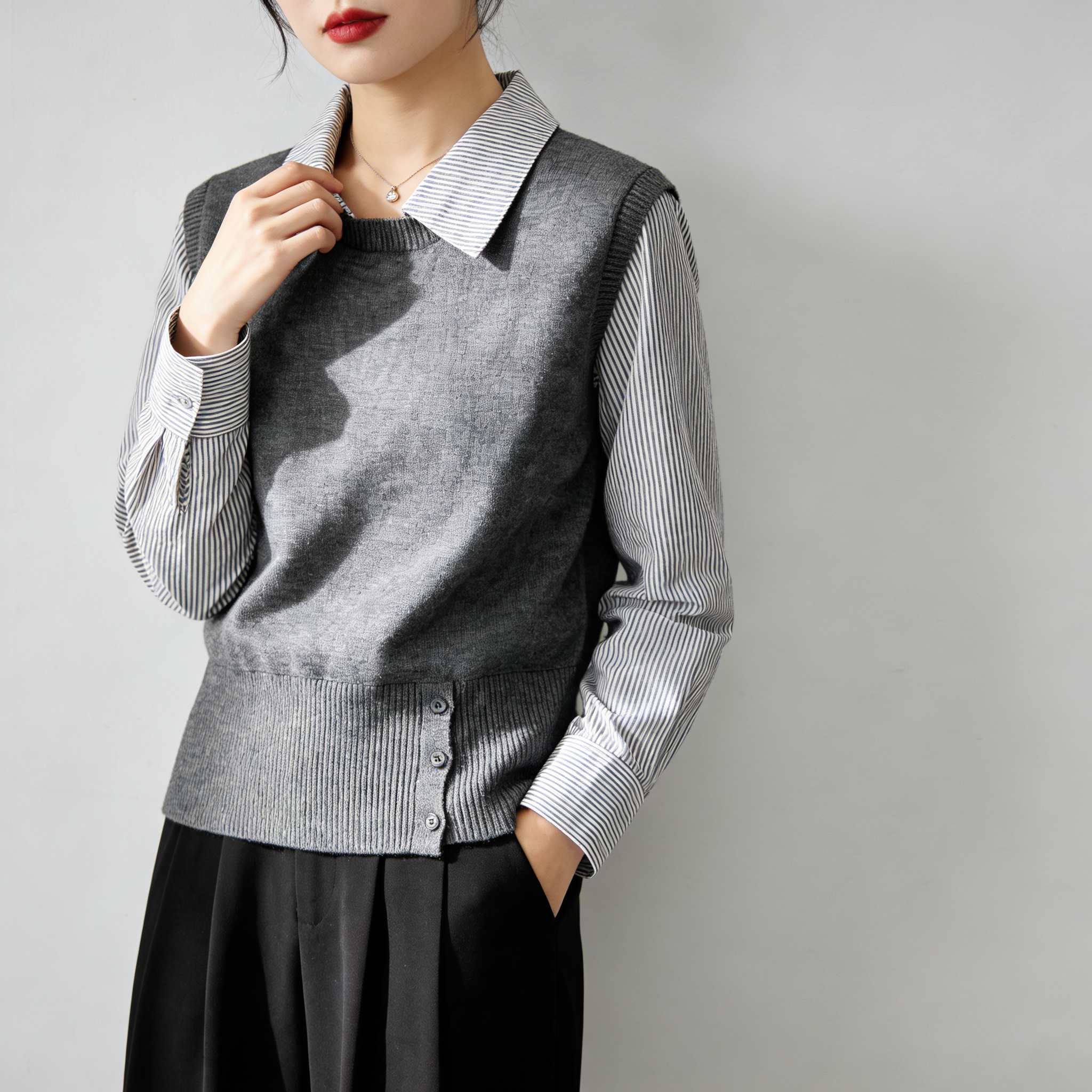 /极简老钱风假两件条纹拼接针织衫女2026春秋季叠穿毛衣时髦上衣,女装/女士精品,毛针织衫,淘宝优惠券,粉丝福利购,淘宝优惠卷