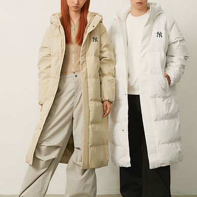 MLB情侣款连帽长款过膝羽绒服女24冬新款时尚运动外套男3ADJB2146