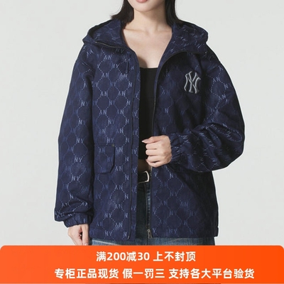 国内现货MLB男女25新款NY钻石老花满印连帽运动夹克外套3AWJM0554