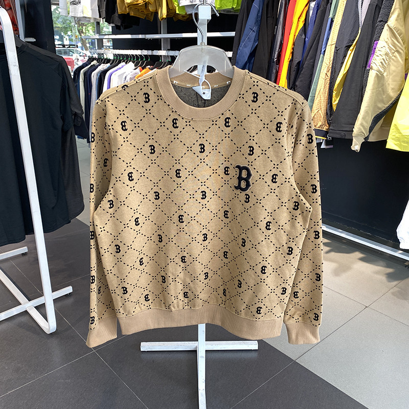 国内专柜MLB2023年秋季男女情侣钻石菱格老花圆领套头衫3AMTM0134