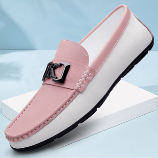 高端真皮豆豆鞋男纯皮牛皮夏季休闲皮鞋男士韩版潮时尚个性无鞋带