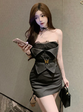 性感连衣裙黑色蕾丝拼接修身包臀
