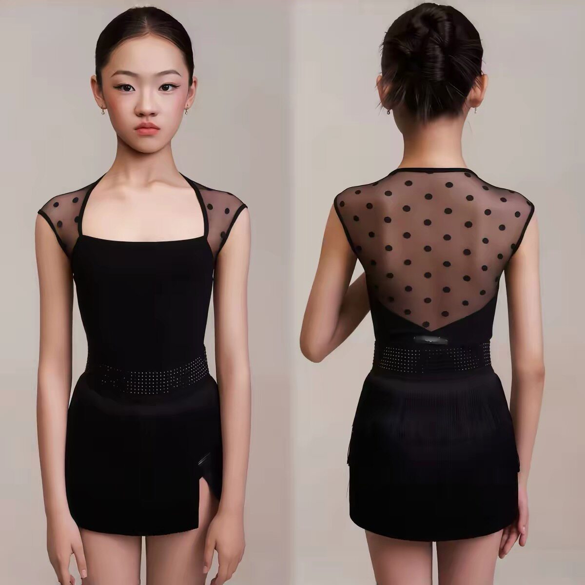 2026新款拉丁舞服女童夏季吊带蓬蓬裙练功服黑色时尚套装比赛服