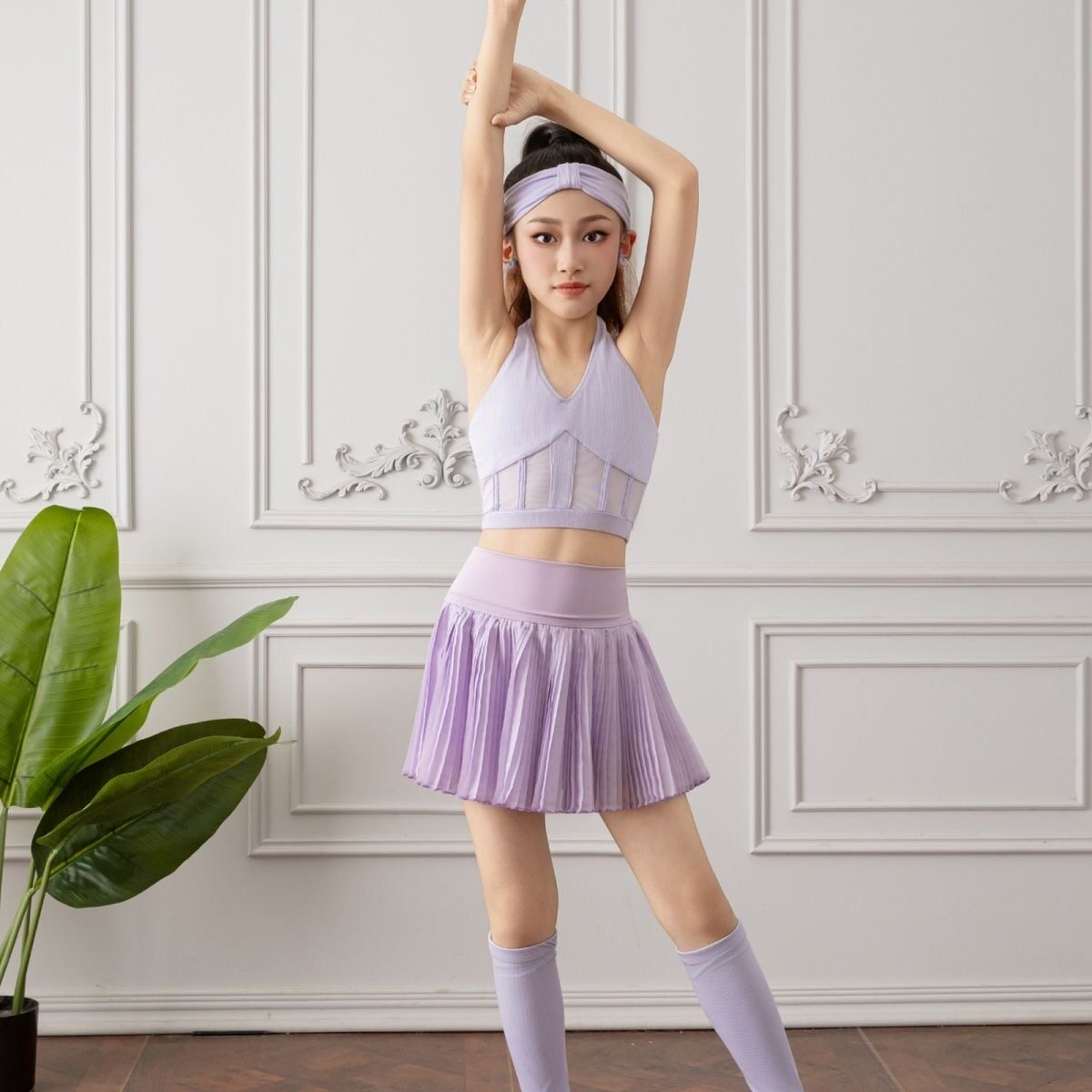 2026新款拉丁舞服女童夏季连衣裙带底裤练功服紫色时尚套装比赛服