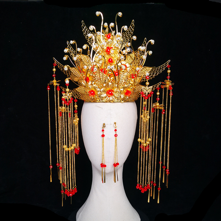 新娘饰品娘娘凤冠秀禾头饰奢华大气红色花朵凤冠结婚发饰古典秀禾