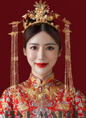 新娘头饰汉禾服凤冠耳环套装复古头冠中式古代秀服配饰