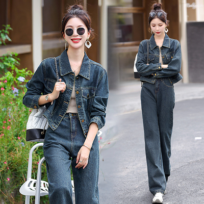 牛仔套装短款外套直筒裤显瘦工装