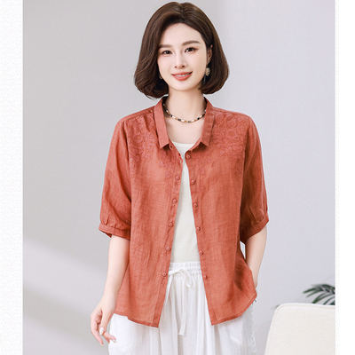2025夏妈妈亮色苎麻衬衫大码透气