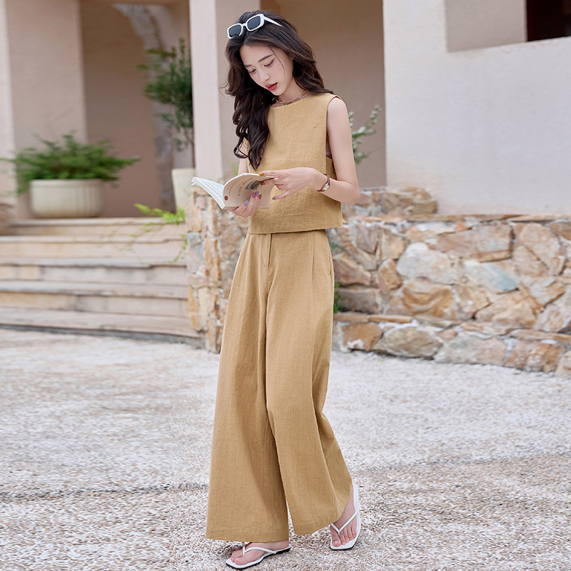 韩城.知性简约棉麻苎麻套装女2025夏季无袖背心上衣阔腿裤显瘦c