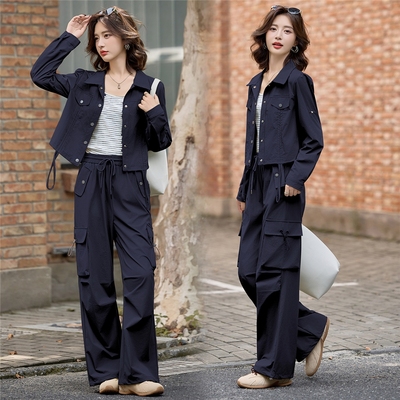 秋套装女条纹吊带短外套降落伞裤