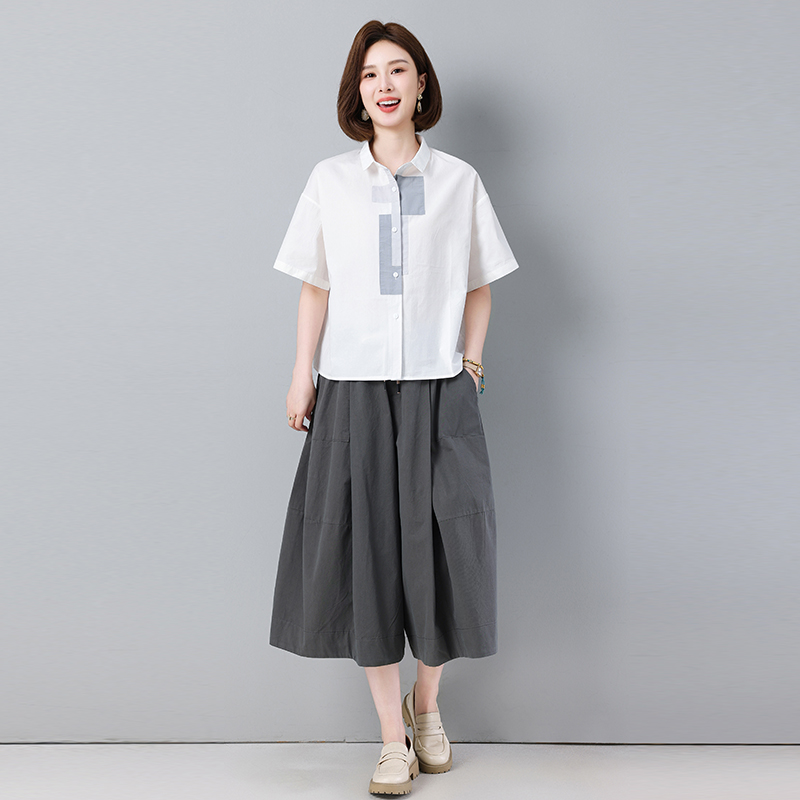 韩城.文艺范学院全棉套装女2025夏季大码衬衣阔腿裤裙裤减龄松弛s